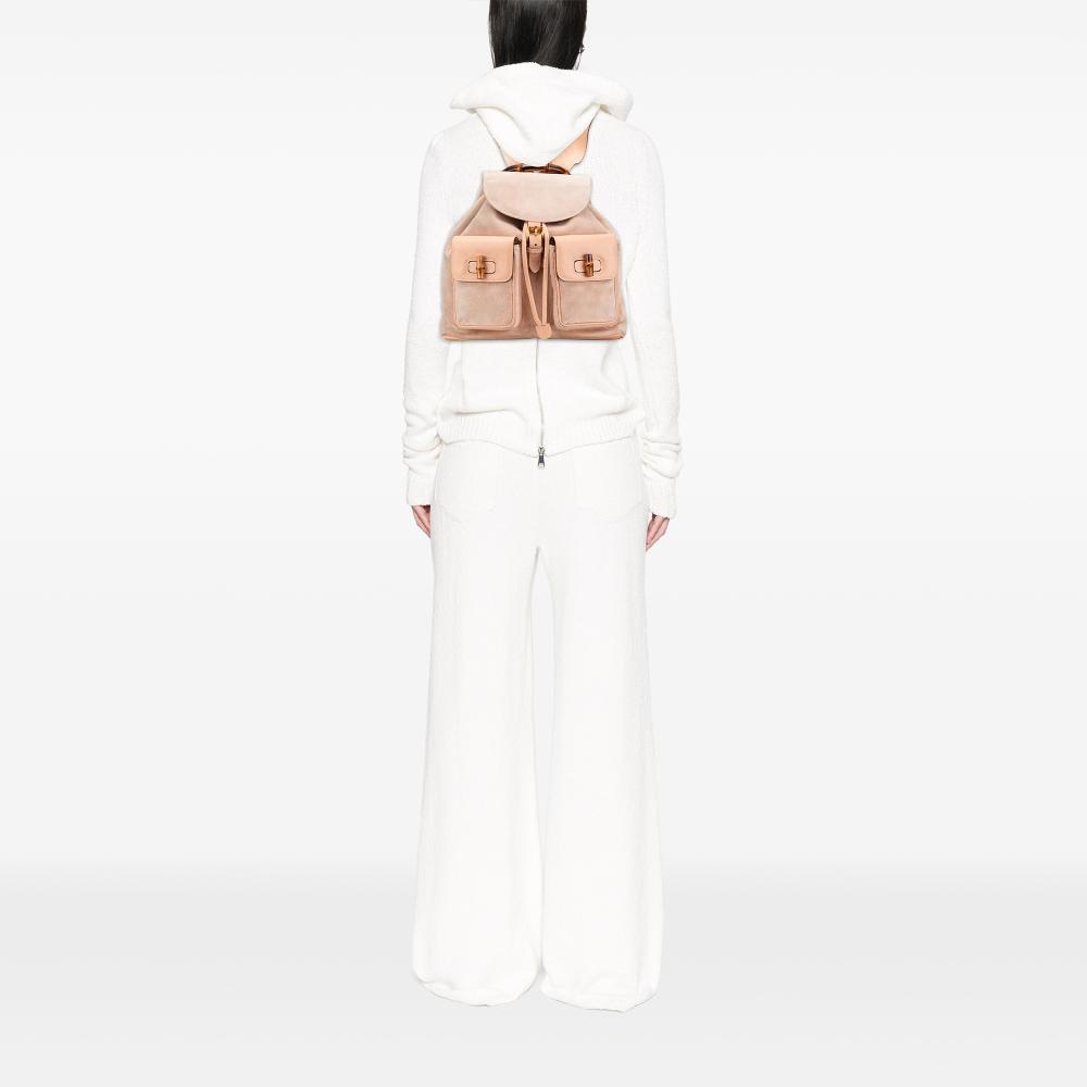 Gucci B Gucci Brown Beige Suede Leather Bamboo Backpack Italy