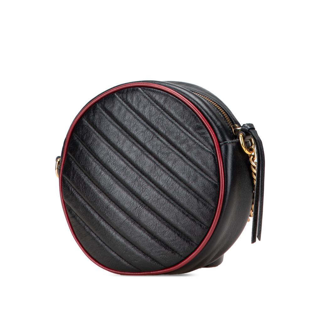 Gucci B Gucci Black Calf Leather Mini GG Marmont Matelasse Torchon Round Crossbody Italy