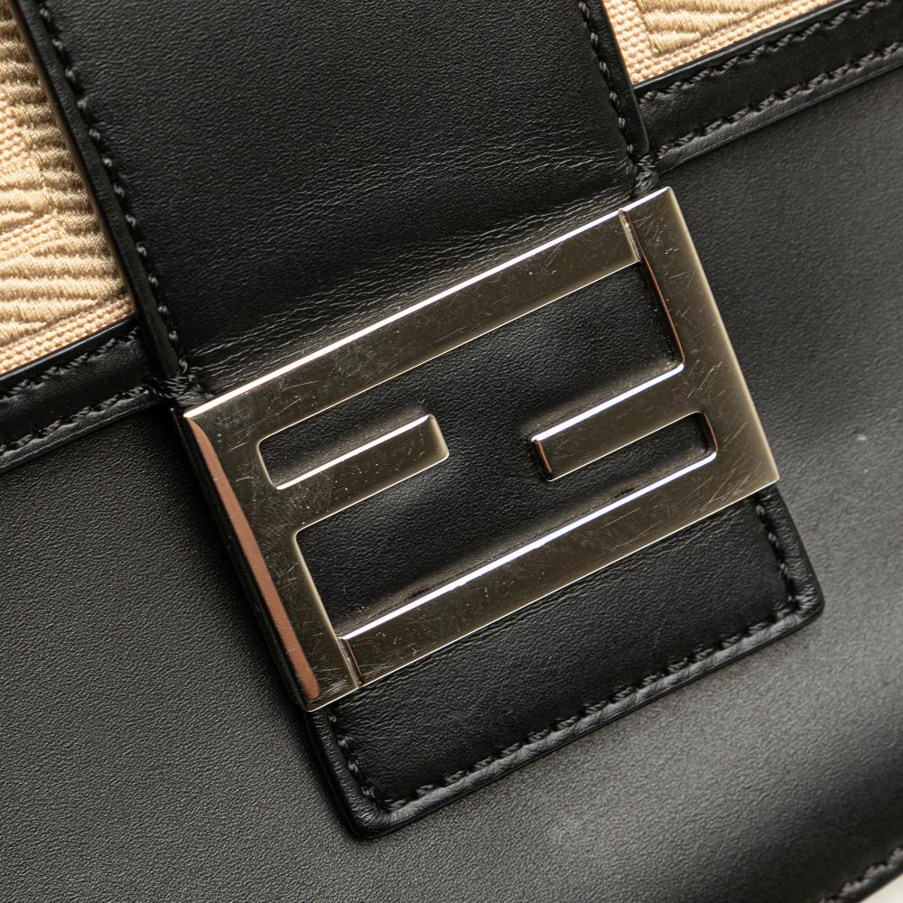 Fendi B Fendi Black with Brown Beige Calf Leather skin and Canvas FF 1974 Flat Baguette Crossbody Italy