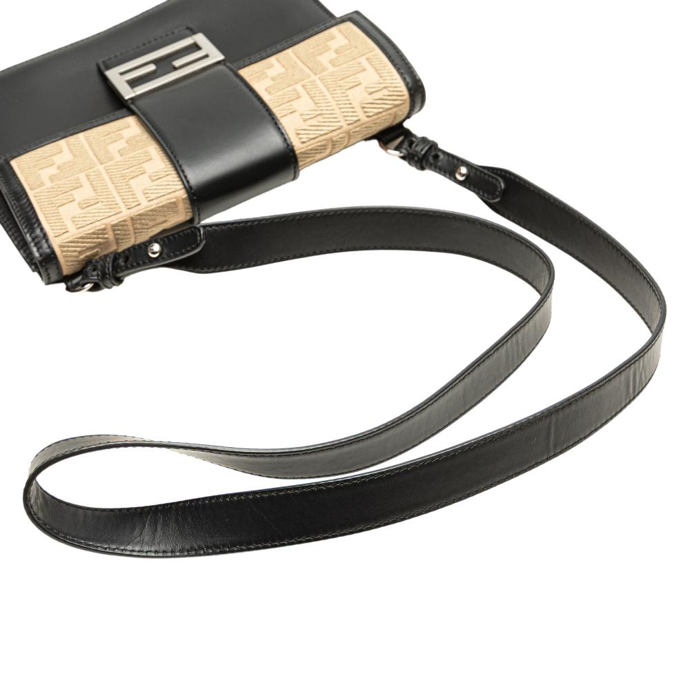 Fendi B Fendi Black with Brown Beige Calf Leather skin and Canvas FF 1974 Flat Baguette Crossbody Italy