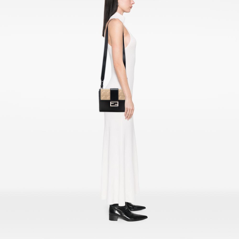 Fendi B Fendi Black with Brown Beige Calf Leather skin and Canvas FF 1974 Flat Baguette Crossbody Italy