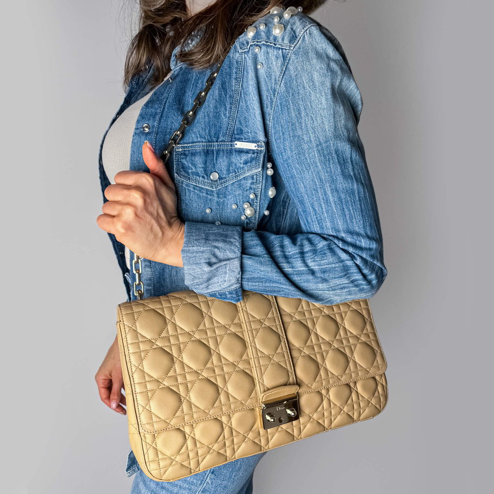 Christian Dior Miss Dior Promenade Large Cannage Lambskin Leather Flap Shoulder Bag Beige