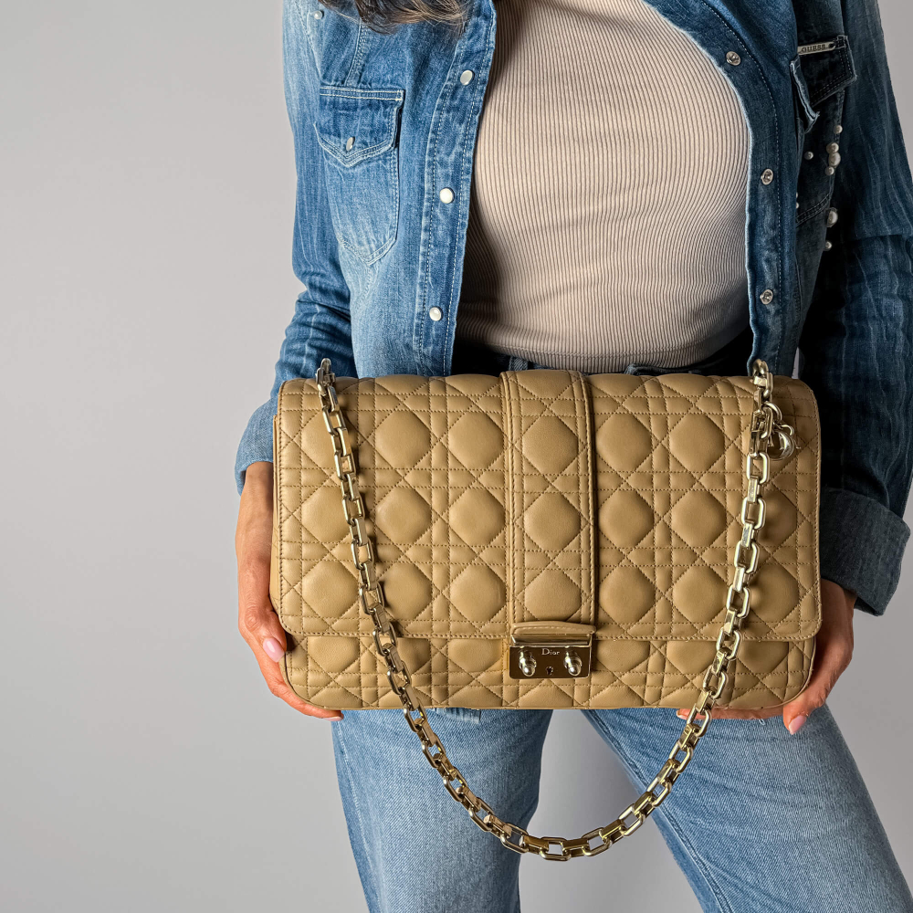 Christian Dior Miss Dior Promenade Large Cannage Lambskin Leather Flap Shoulder Bag Beige