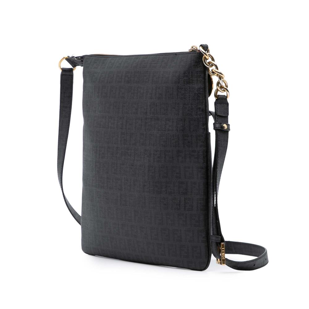 Fendi B Fendi Black Coated Canvas Fabric Zucchino Charm Zip Crossbody Italy
