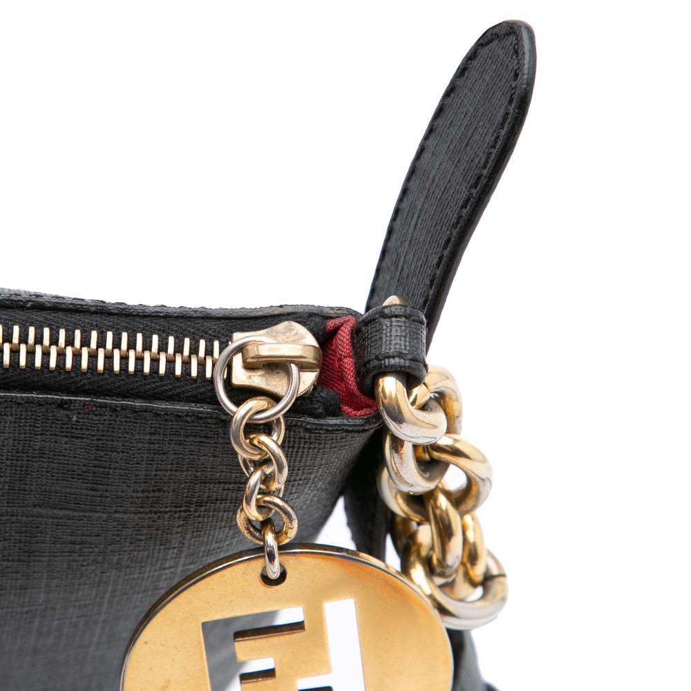Fendi B Fendi Black Coated Canvas Fabric Zucchino Charm Zip Crossbody Italy