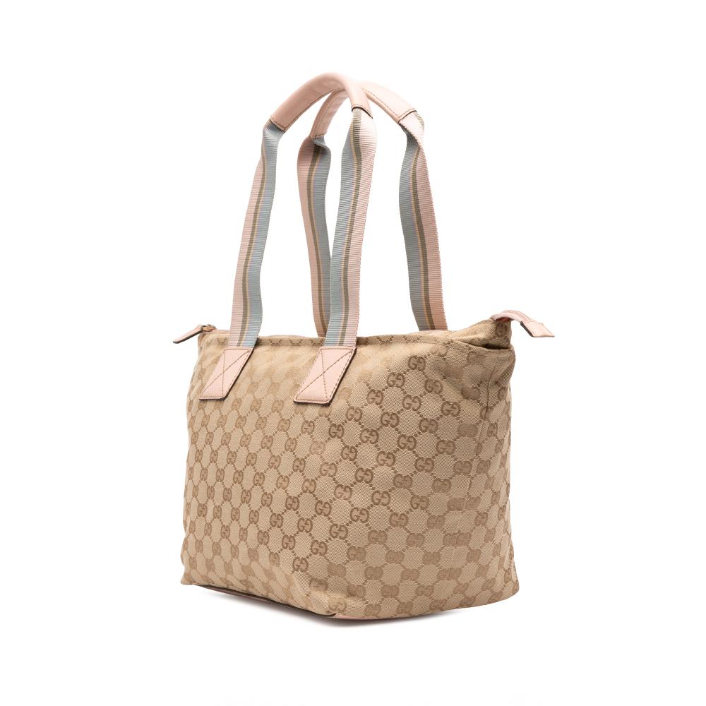Gucci B Gucci Brown Beige Canvas Fabric GG Web Tote Italy