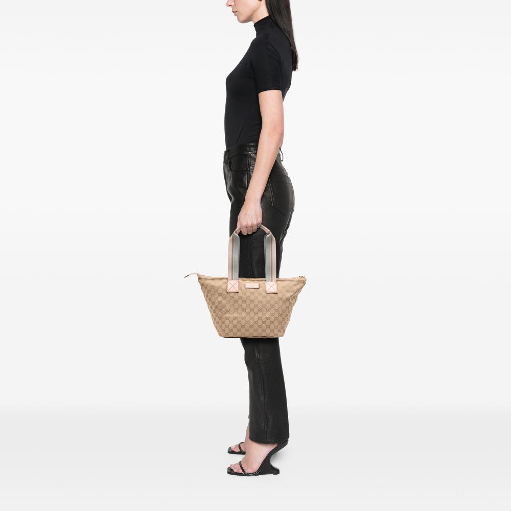 Gucci B Gucci Brown Beige Canvas Fabric GG Web Tote Italy