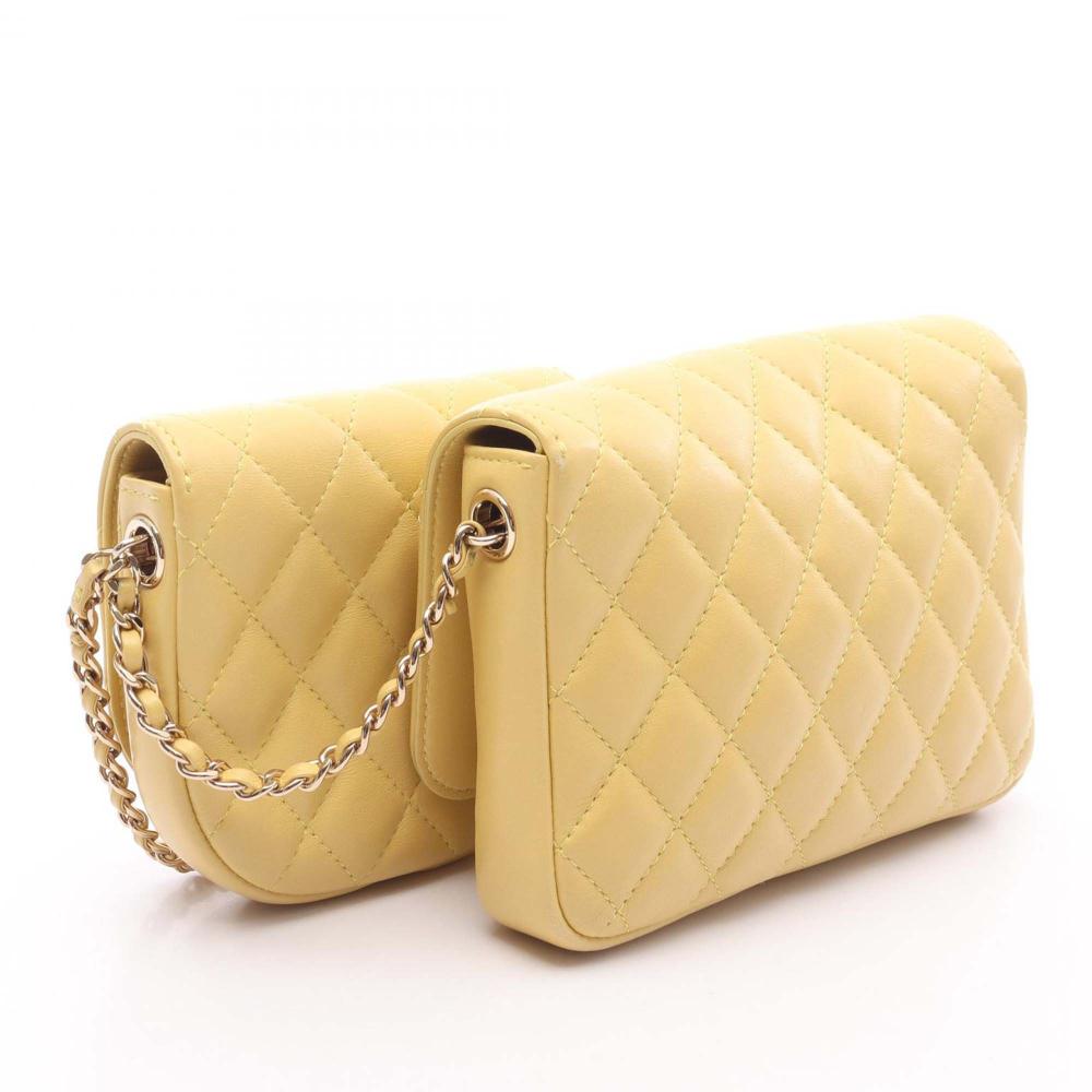 Chanel AB Chanel Yellow Light Yellow Lambskin Leather Leather Quilted Lambskin Side Packs Flap France