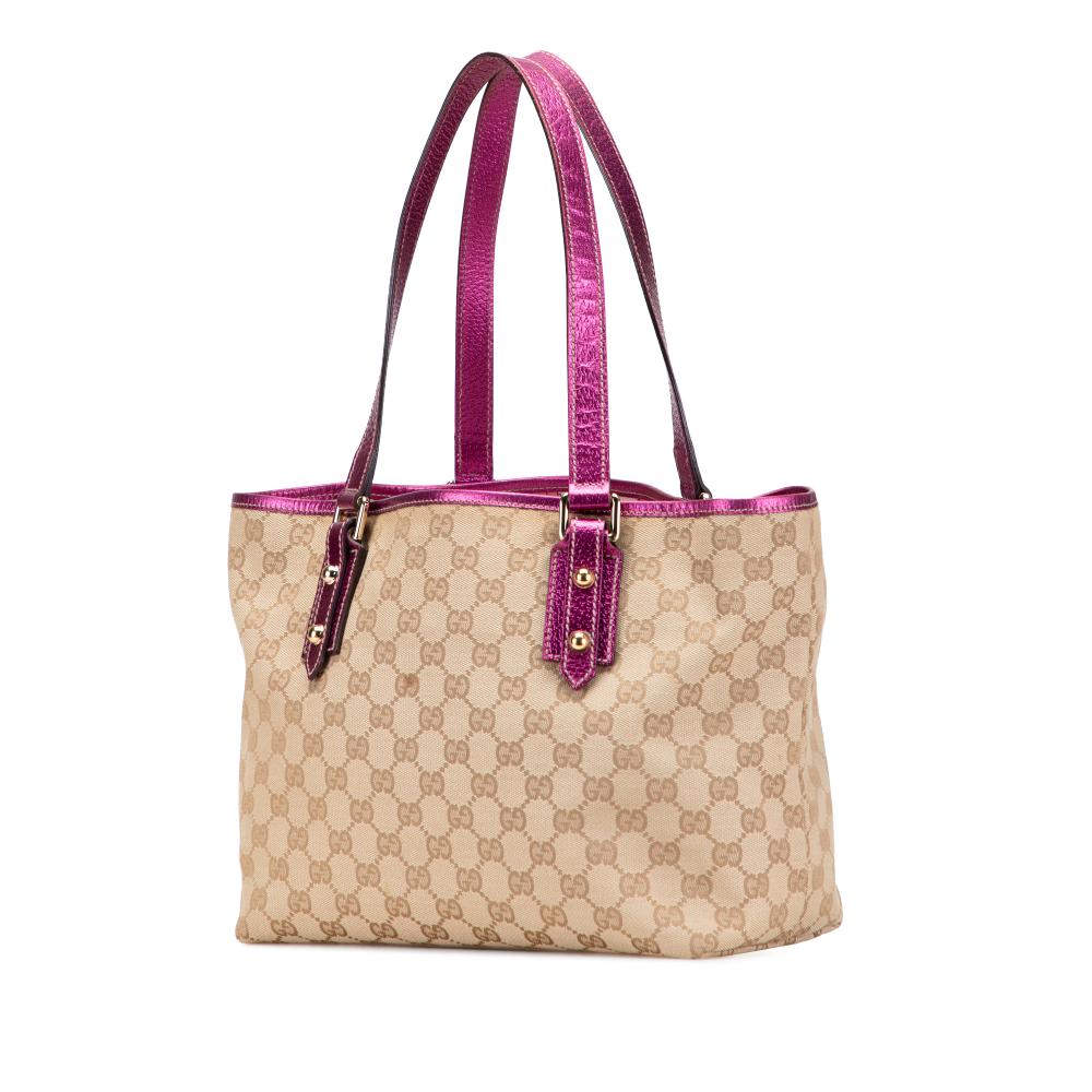 Gucci B Gucci Brown Beige with Pink Hot Pink Canvas Fabric GG Jolicoeur Tote Italy