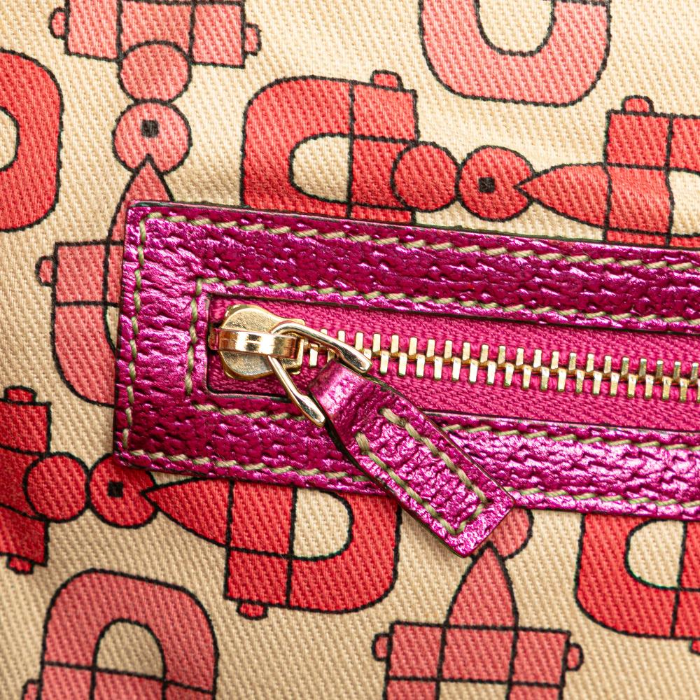 Gucci B Gucci Brown Beige with Pink Hot Pink Canvas Fabric GG Jolicoeur Tote Italy