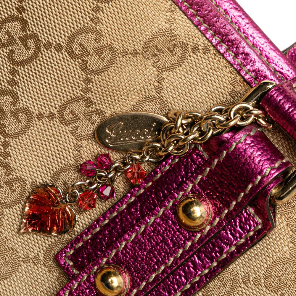 Gucci B Gucci Brown Beige with Pink Hot Pink Canvas Fabric GG Jolicoeur Tote Italy