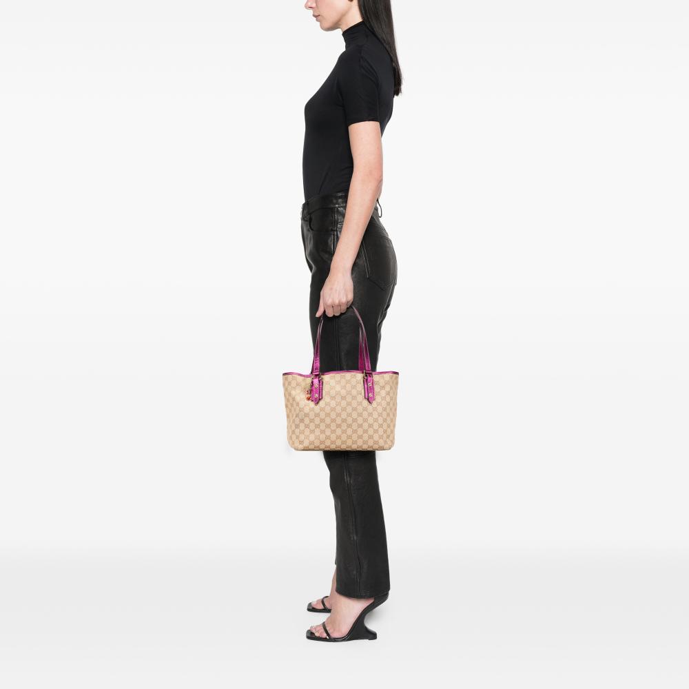 Gucci B Gucci Brown Beige with Pink Hot Pink Canvas Fabric GG Jolicoeur Tote Italy