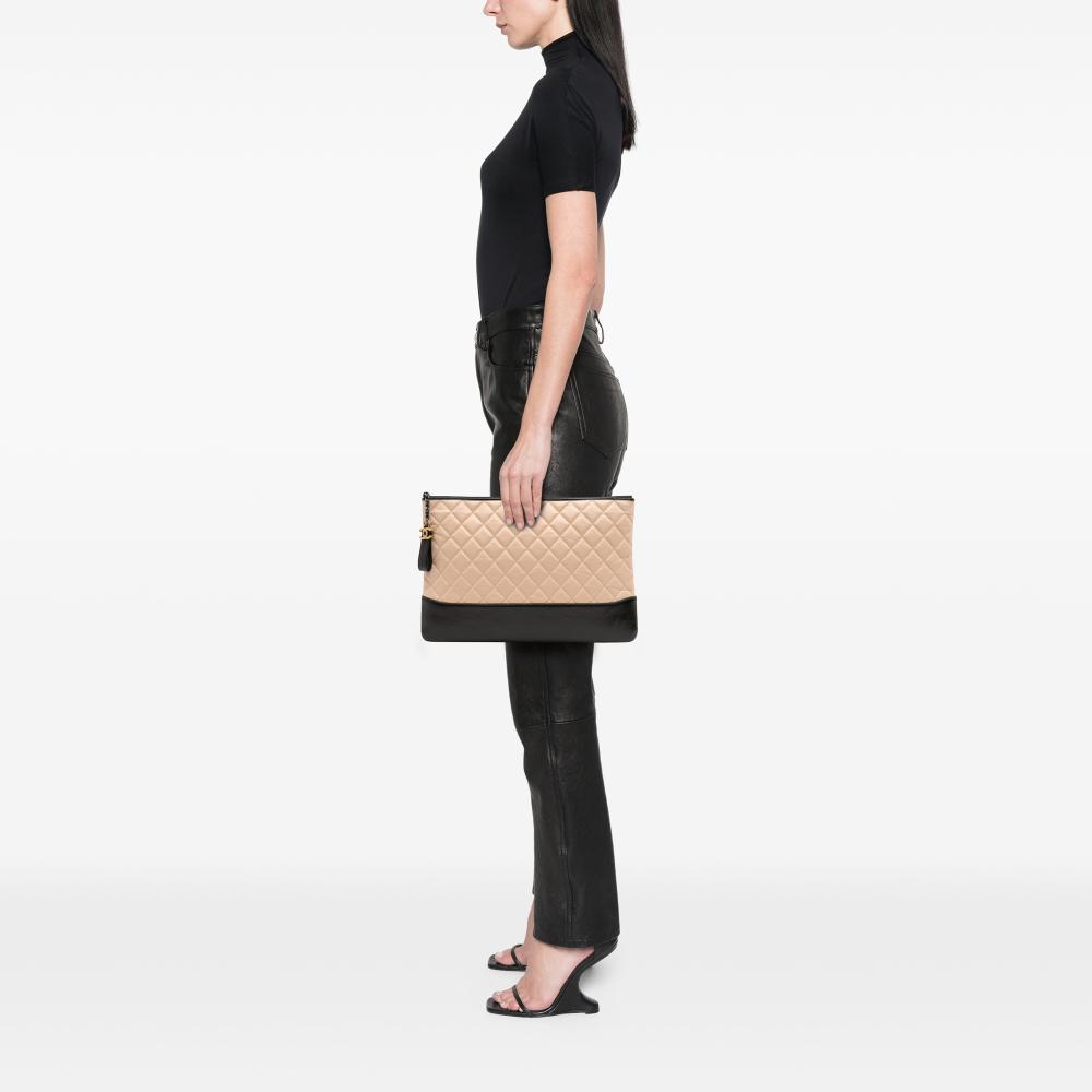 Chanel B Chanel Brown Light Beige with Black Calf Leather Large Aged skin Gabrielle O Case Clutch Italy