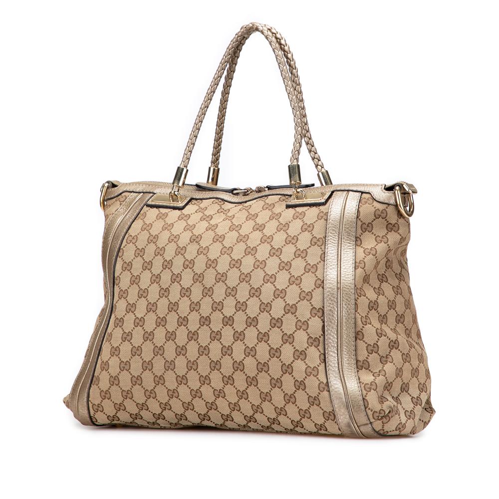 Gucci B Gucci Brown Beige Canvas Fabric GG Bella Convertible Tote Italy