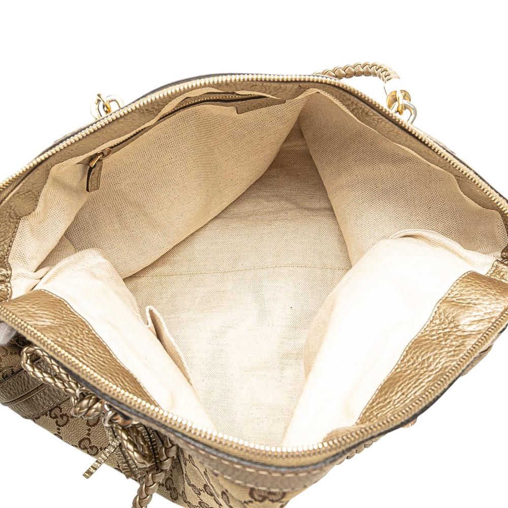 Gucci B Gucci Brown Beige Canvas Fabric GG Bella Convertible Tote Italy