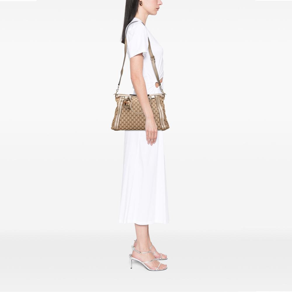 Gucci B Gucci Brown Beige Canvas Fabric GG Bella Convertible Tote Italy