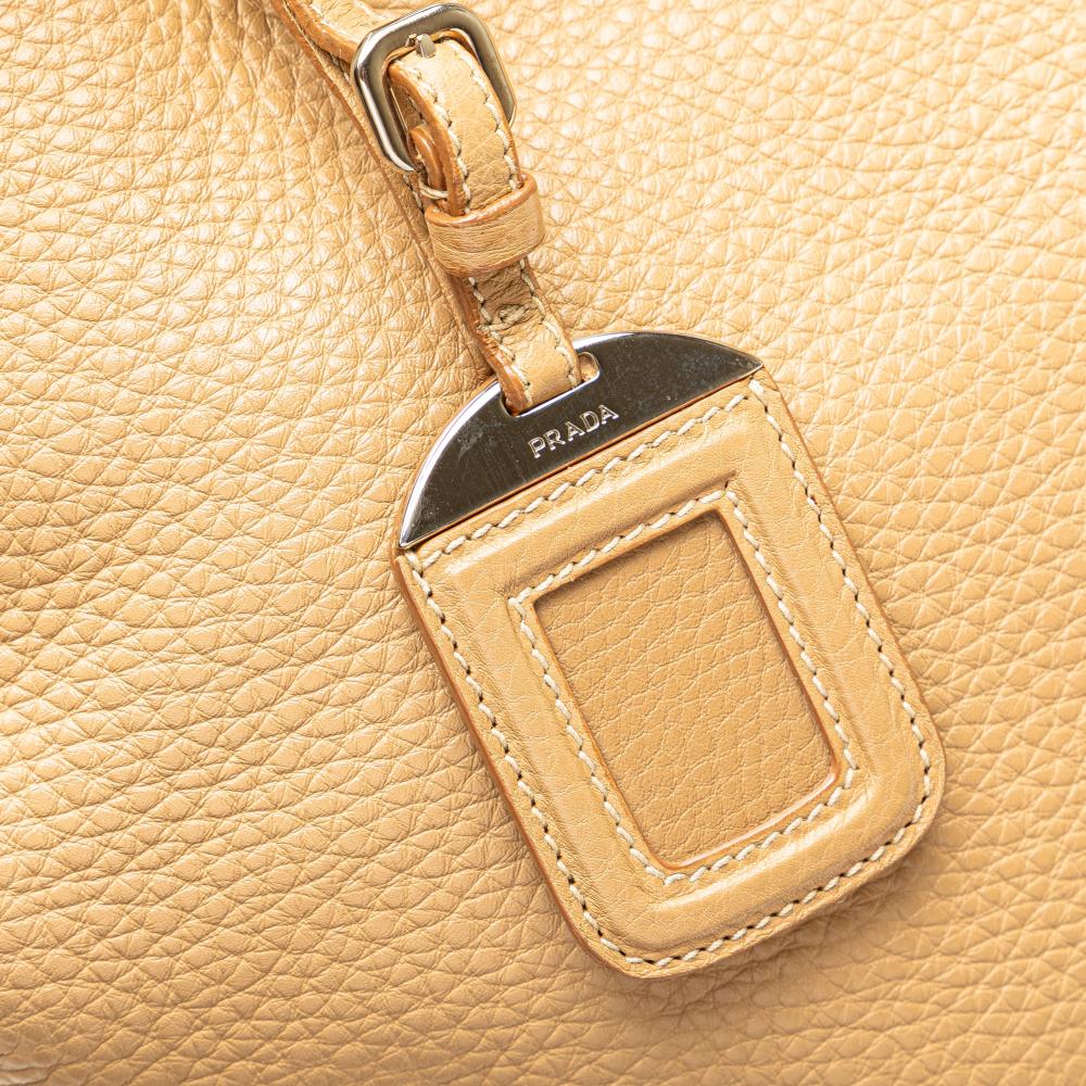 Prada B Prada Brown Beige Calf Leather Vitello Daino Open Convertible Tote Italy