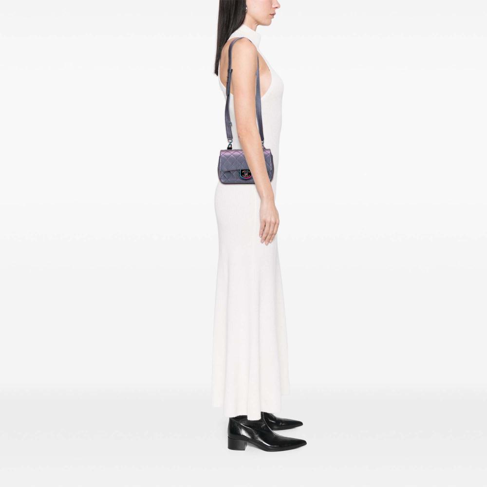 Chanel Purple Goatskin Leather Small Iridescent Rainbow Hardware Double Carry Waist Chain Flap Italy