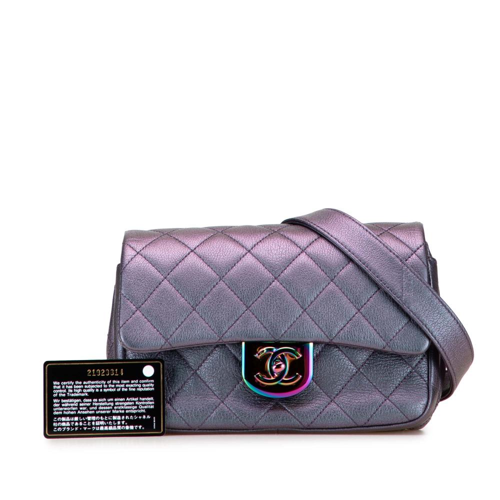 Chanel Purple Goatskin Leather Small Iridescent Rainbow Hardware Double Carry Waist Chain Flap Italy