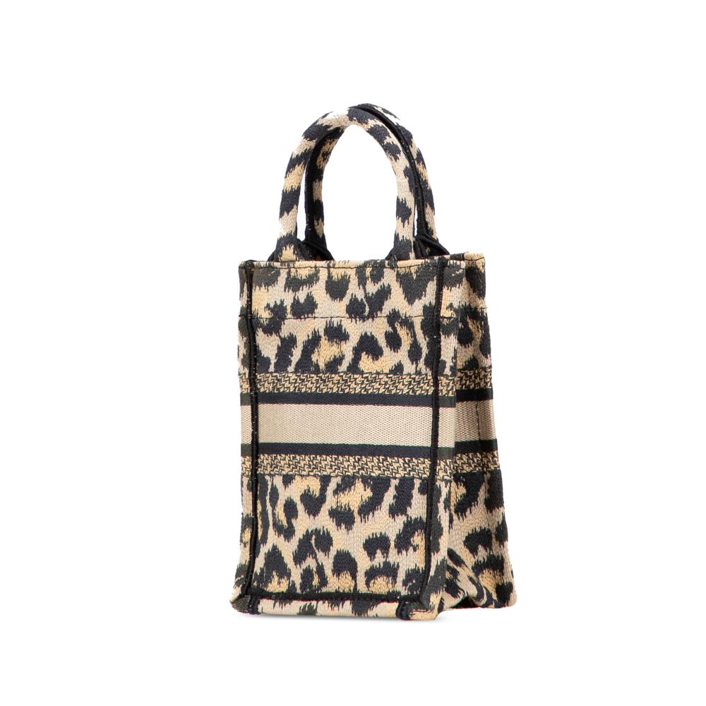 Christian Dior B Dior Brown Beige Canvas Fabric Mizza Mini Embroidered Leopard Vertical Book Tote Italy