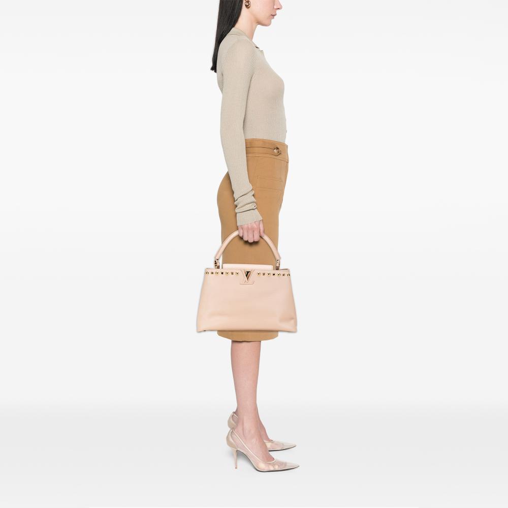 Louis Vuitton B Louis Vuitton Brown Beige Calf Leather Taurillon Studdy Capucines MM France