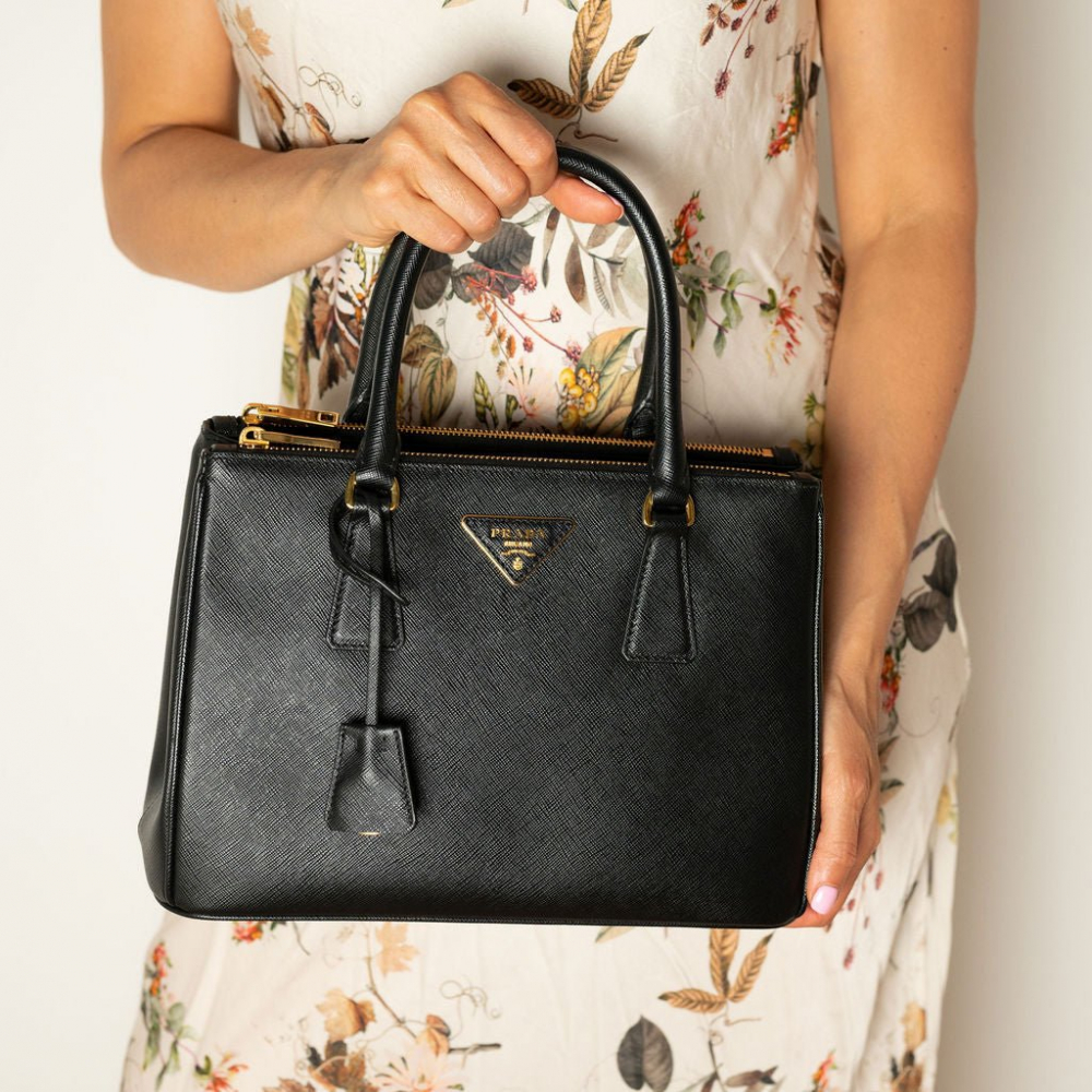 Prada Galleria Medium Saffiano Lux Leather 3-Ways Tote Handbag Black