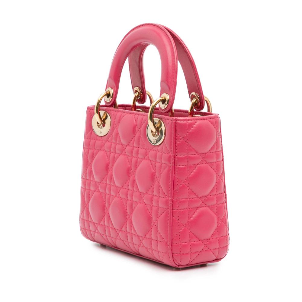 Christian Dior B Dior Pink Dark Pink Lambskin Leather Leather Mini Lambskin Cannage Lady Dior Italy