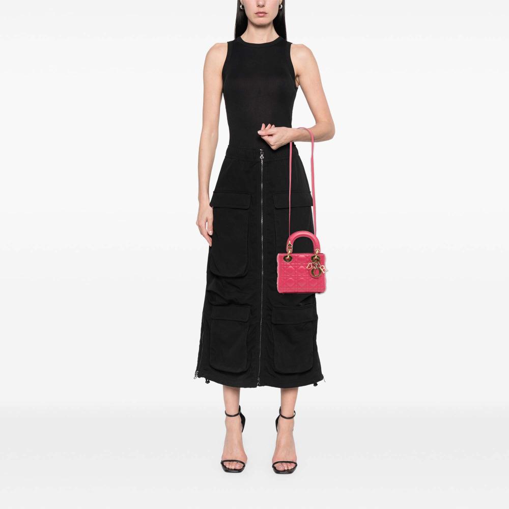 Christian Dior B Dior Pink Dark Pink Lambskin Leather Leather Mini Lambskin Cannage Lady Dior Italy