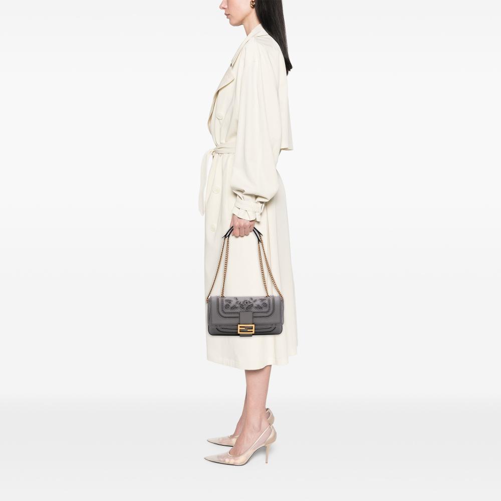Fendi B Fendi Gray Calf Leather Embroidered Lace Baguette Chain Italy