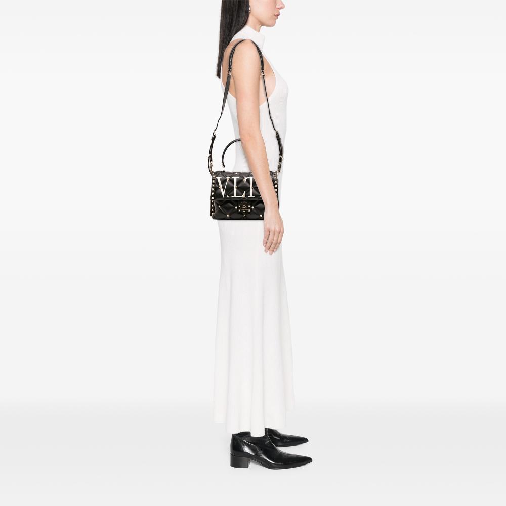 Valentino B Valentino Black Lambskin Leather Leather Lambskin VLTN Candystud Top Handle Bag Italy