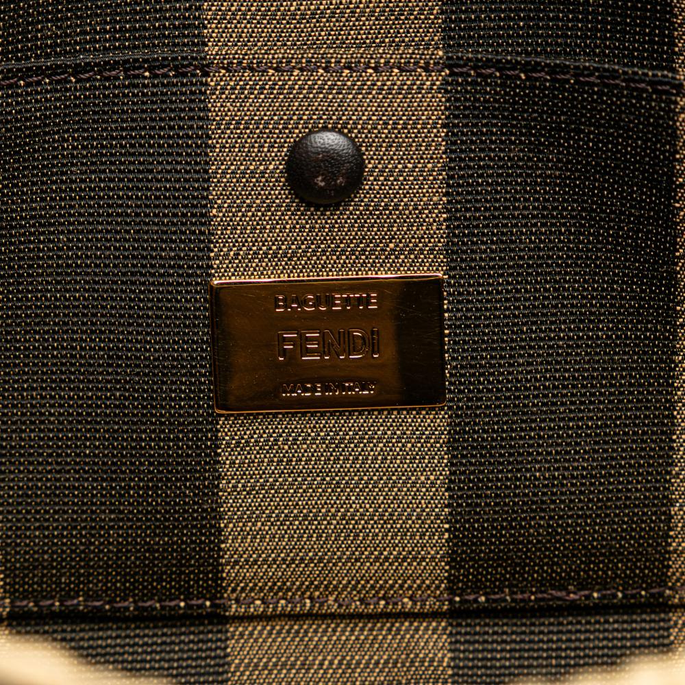 Fendi B Fendi Brown Canvas Fabric Pequin Gingham And Raffia Baguette Satchel Italy