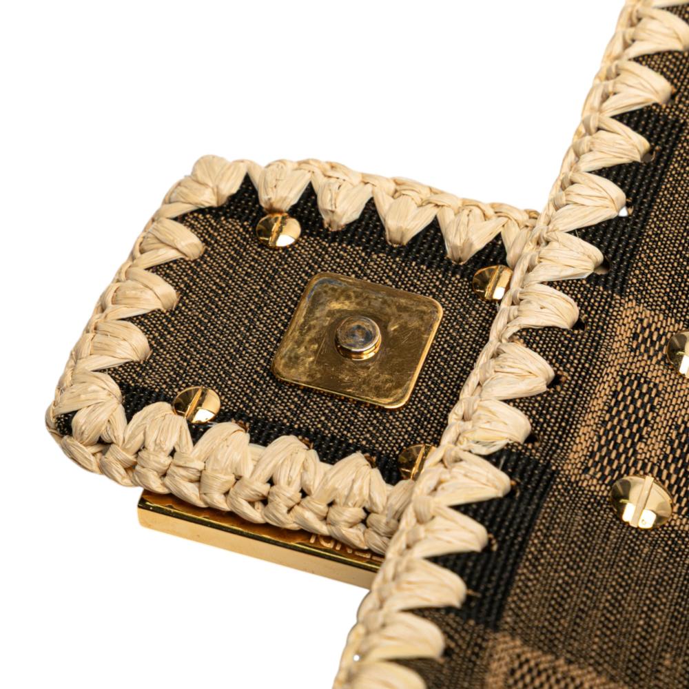 Fendi B Fendi Brown Canvas Fabric Pequin Gingham And Raffia Baguette Satchel Italy