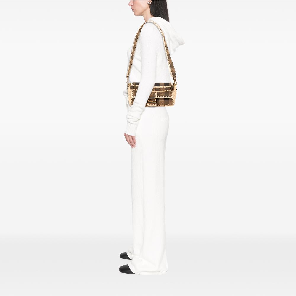 Fendi B Fendi Brown Canvas Fabric Pequin Gingham And Raffia Baguette Satchel Italy