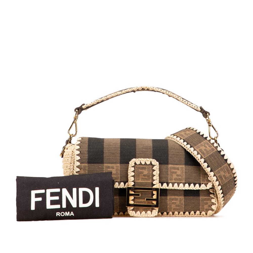Fendi B Fendi Brown Canvas Fabric Pequin Gingham And Raffia Baguette Satchel Italy