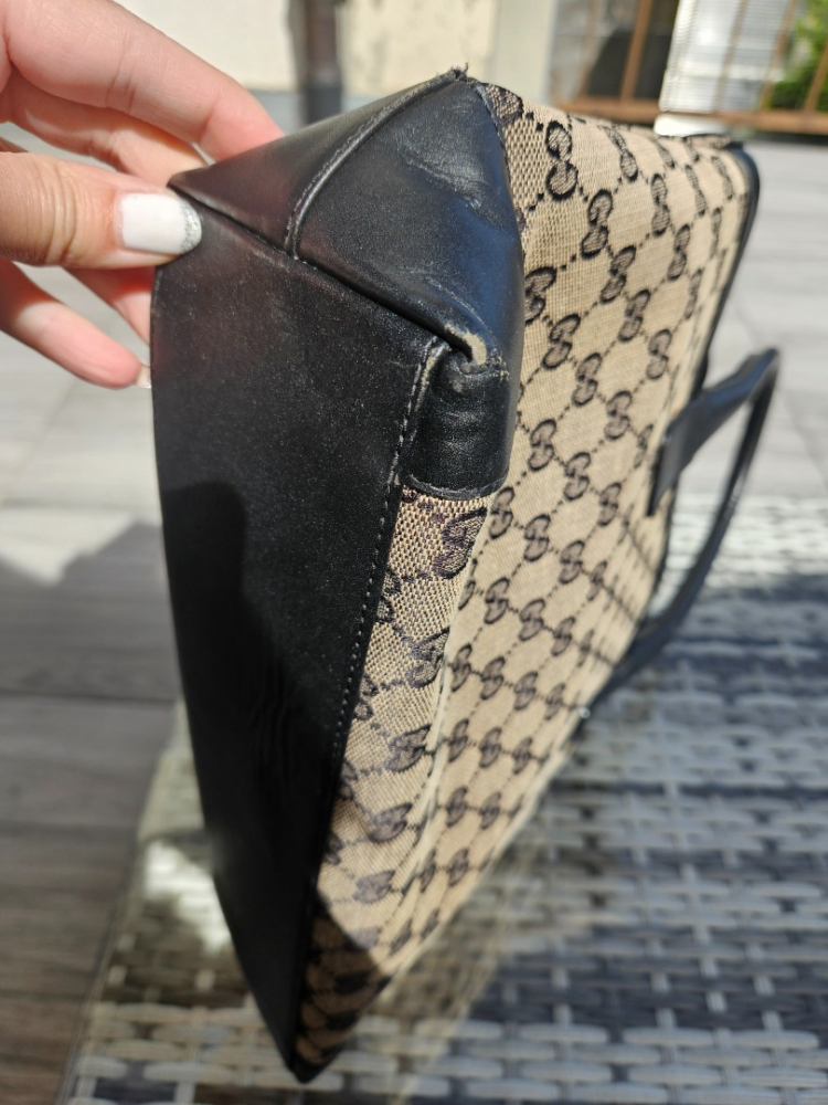 Gucci B Gucci Brown Beige Canvas Fabric GG Handbag Italy