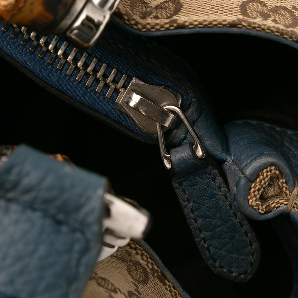 Gucci B Gucci Brown Beige Canvas Fabric GG Bamboo Libeccio Tote Italy