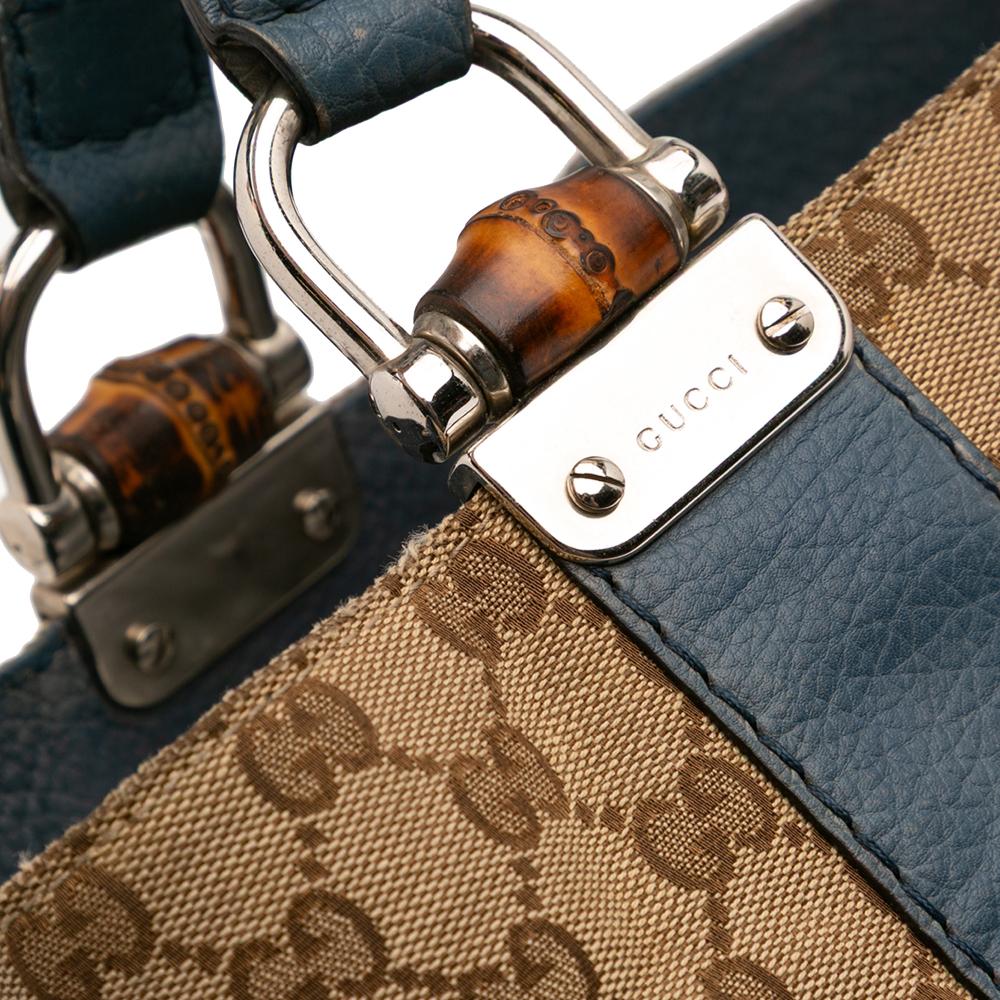 Gucci B Gucci Brown Beige Canvas Fabric GG Bamboo Libeccio Tote Italy