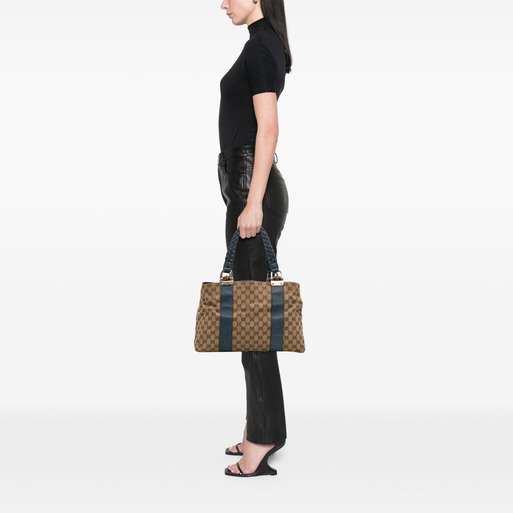 Gucci B Gucci Brown Beige Canvas Fabric GG Bamboo Libeccio Tote Italy