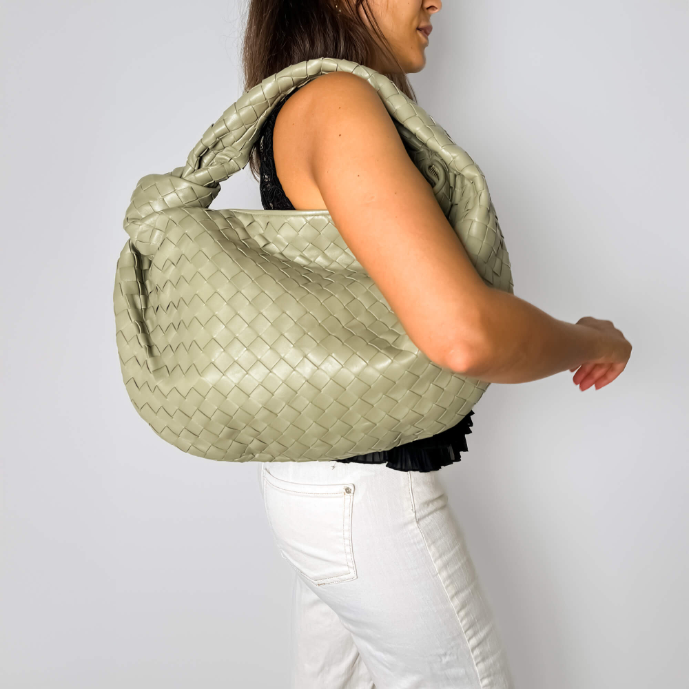 Bottega Veneta Jodie Classic Leather Intrecciato Hobo Handbag Travertine