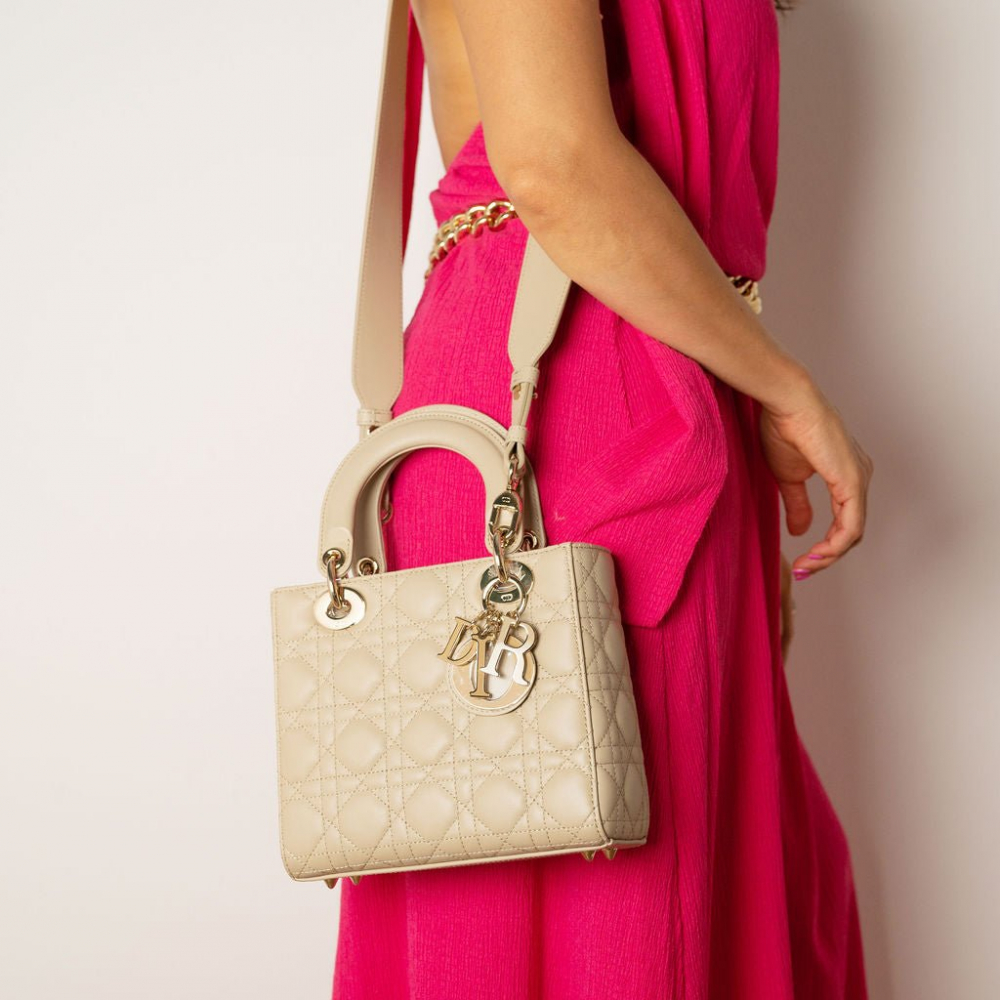 Christian Dior Lady Dior Small Lambskin Leather My ABCDior Cannage Tote Handbag Beige