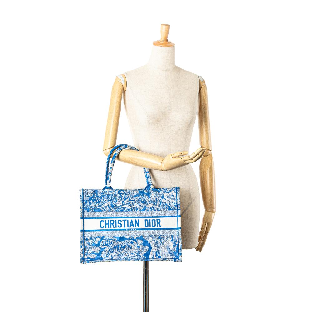 Christian Dior B Dior Blue Canvas Fabric Medium Embroidered Dioriviera Toile De Jouy Book Tote Italy