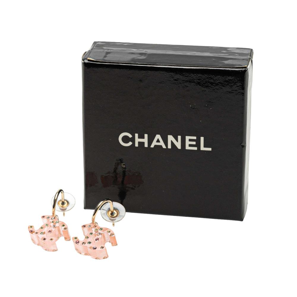 Chanel B Chanel Pink Resin Plastic Crystal CC Push Back Earrings Italy