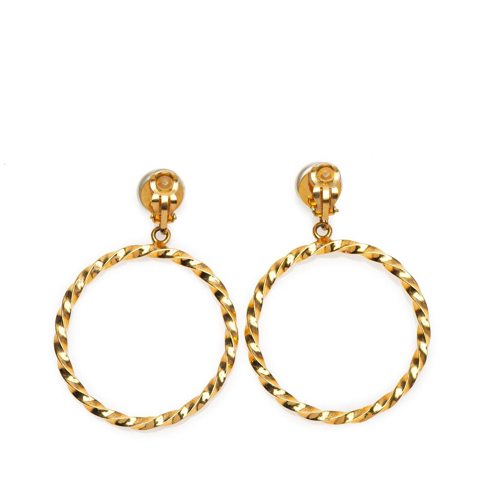 Chanel AB Chanel Gold with White Pearl Gold Plated Metal CC Big Hoop Pearl Clip On Earrings France