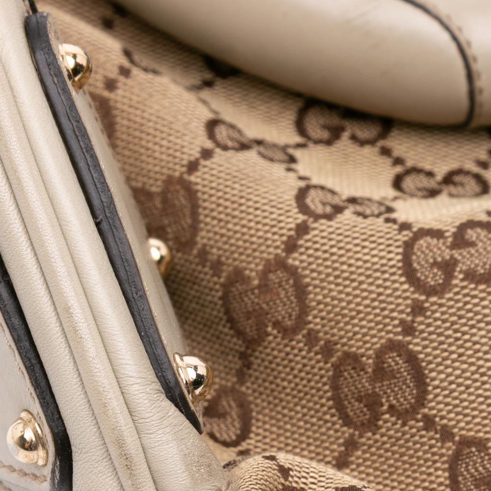 Gucci B Gucci Brown Beige with White Canvas Fabric Medium GG Bamboo Indy Hobo Italy