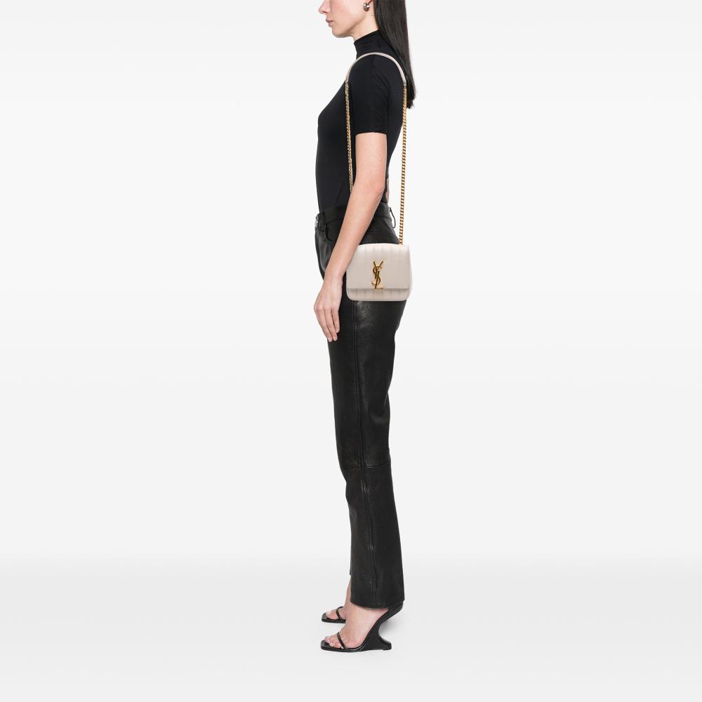 Saint Laurent B Saint Laurent White Pearl Lambskin Leather Leather Small Lambskin Monogram Vicky Chain Bag Italy