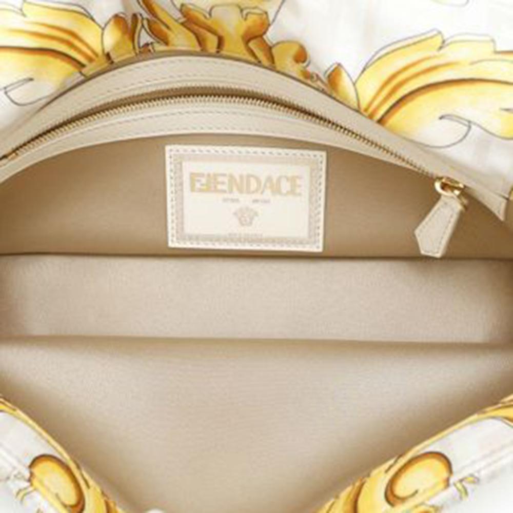 Fendi B Fendi White Ivory with Yellow Silk Fabric Versace Fendace FF Baroque Print Baguette Satchel Italy