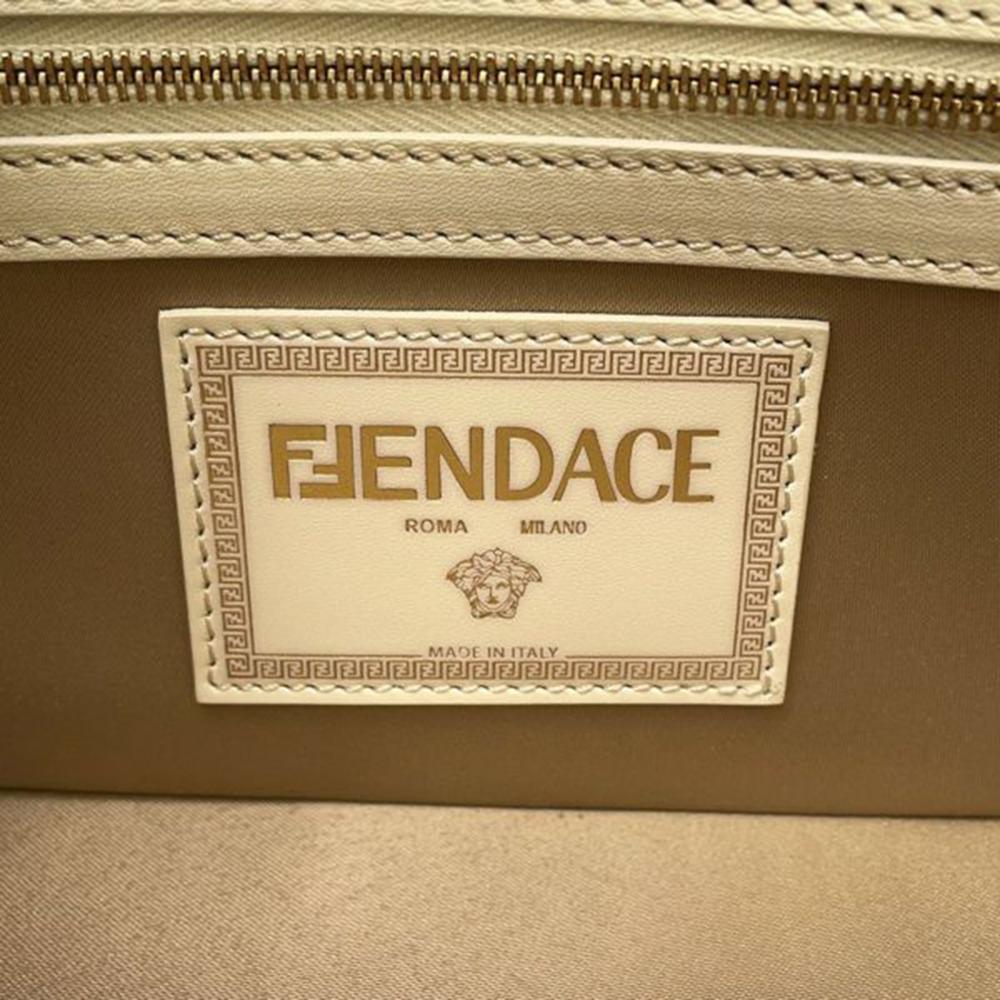 Fendi B Fendi White Ivory with Yellow Silk Fabric Versace Fendace FF Baroque Print Baguette Satchel Italy