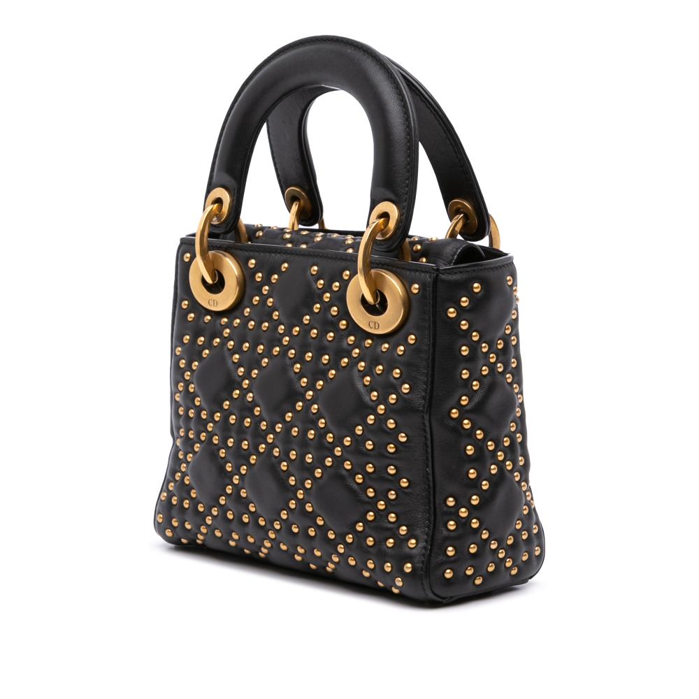 Christian Dior B Dior Black Lambskin Leather Leather Mini Lambskin Cannage Studded Supple Lady Dior Italy