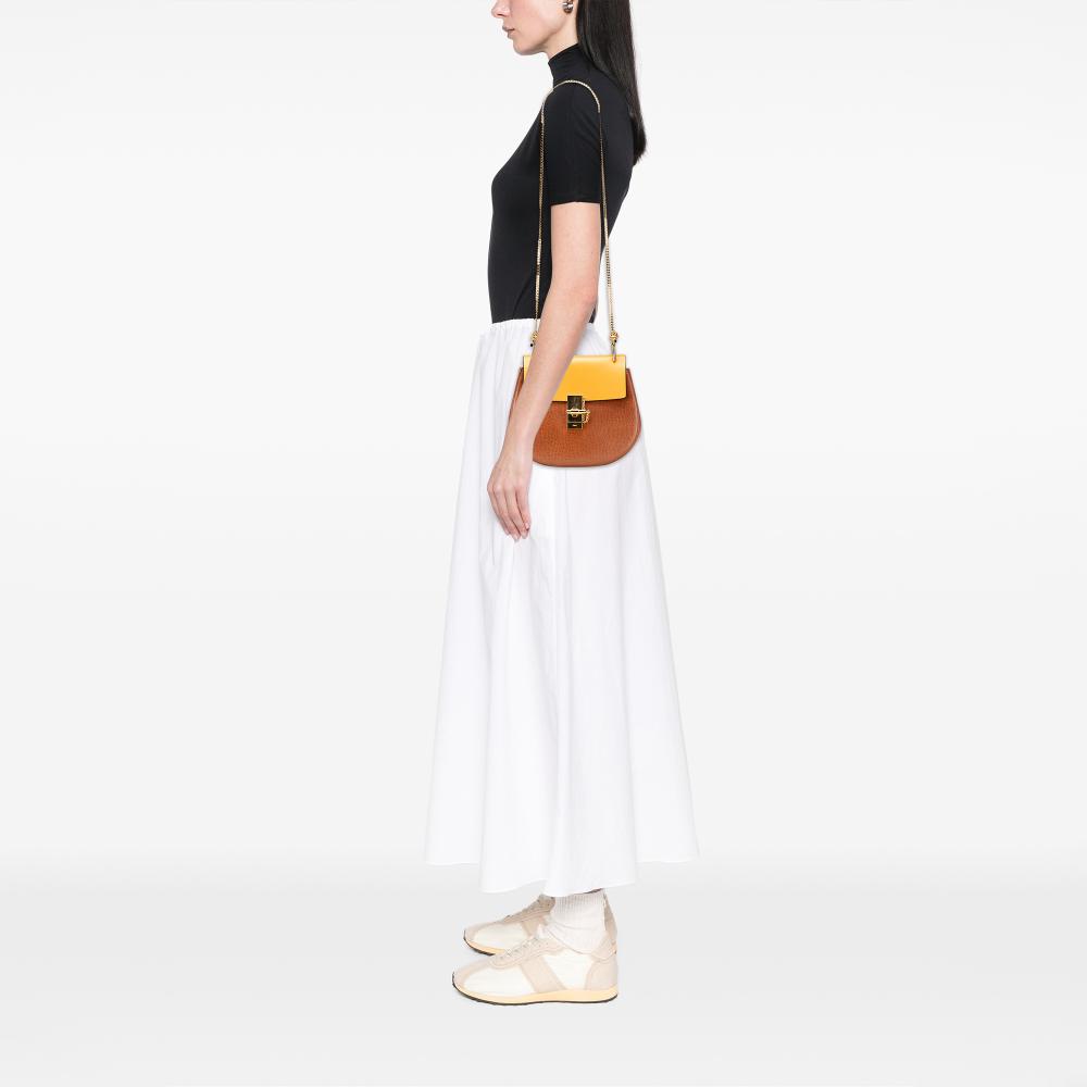 Chloé AB Chloé Brown Mustard Calf Leather Small Bicolor Smooth and Grained skin Drew Crossbody Italy