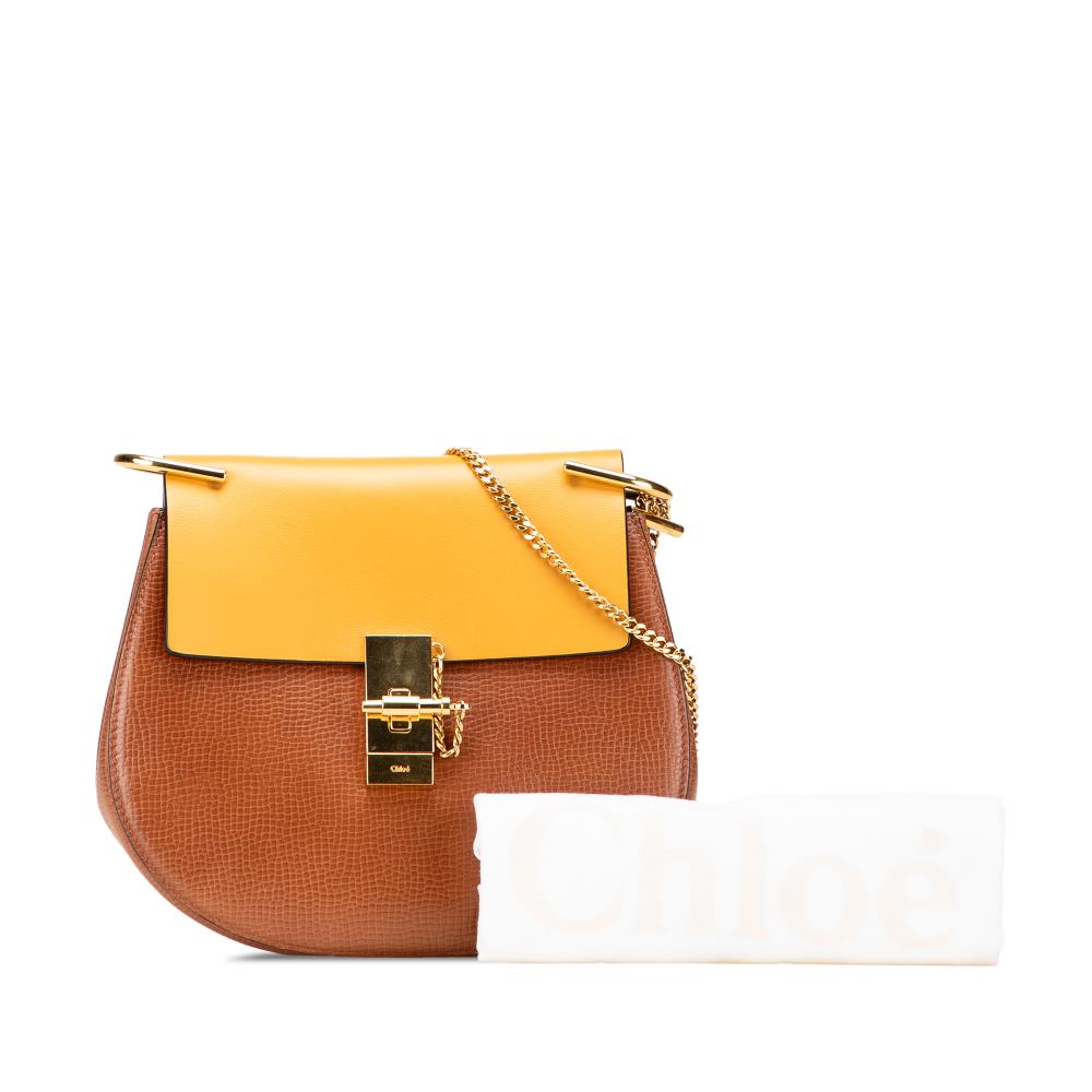 Chloé AB Chloé Brown Mustard Calf Leather Small Bicolor Smooth and Grained skin Drew Crossbody Italy